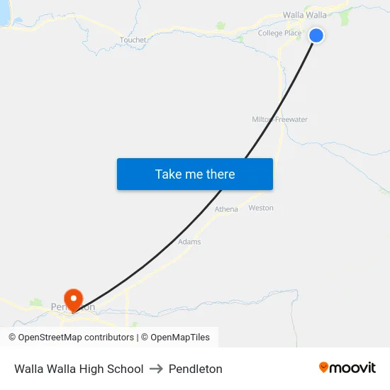 Walla Walla High School to Pendleton map