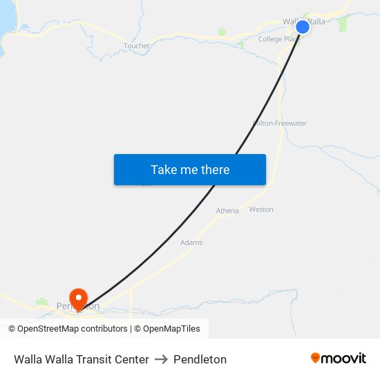 Walla Walla Transit Center to Pendleton map