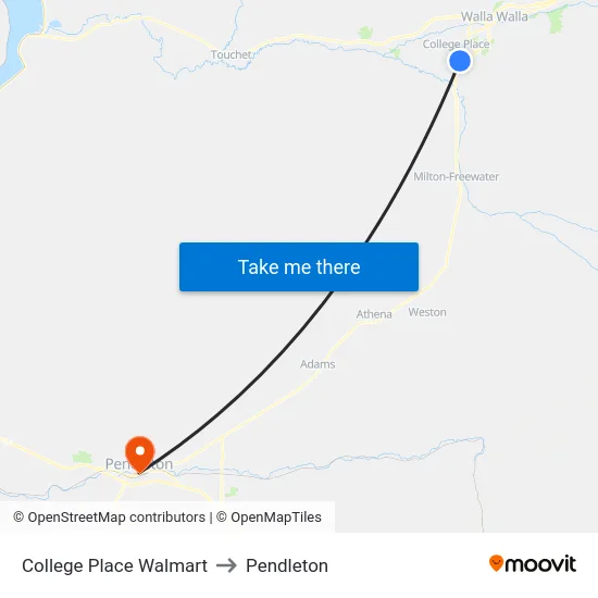 College Place Walmart to Pendleton map
