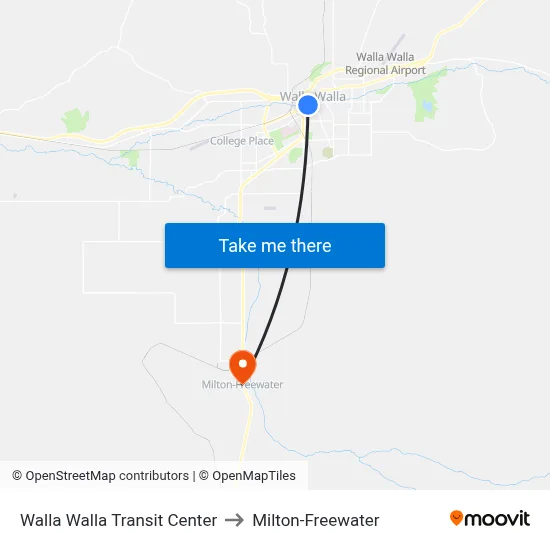 Walla Walla Transit Center to Milton-Freewater map