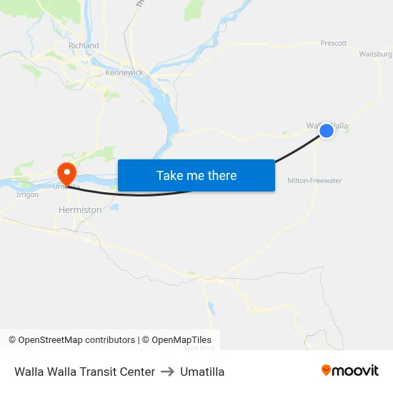 Walla Walla Transit Center to Umatilla map