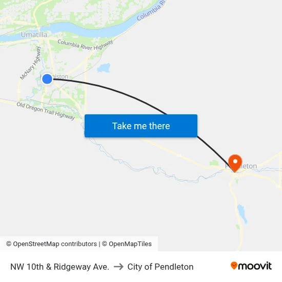 NW 10th & Ridgeway Ave. to City of Pendleton map