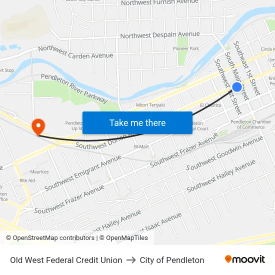 Old West Federal Credit Union to City of Pendleton map