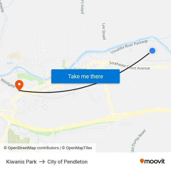 Kiwanis Park to City of Pendleton map