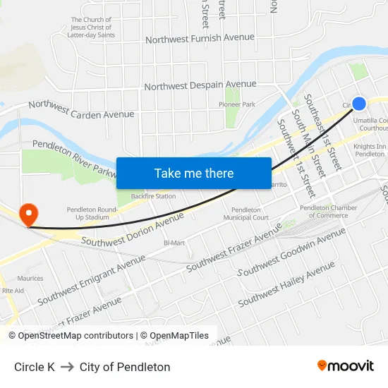 Circle K to City of Pendleton map