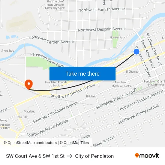SW Court Ave & SW 1st St to City of Pendleton map