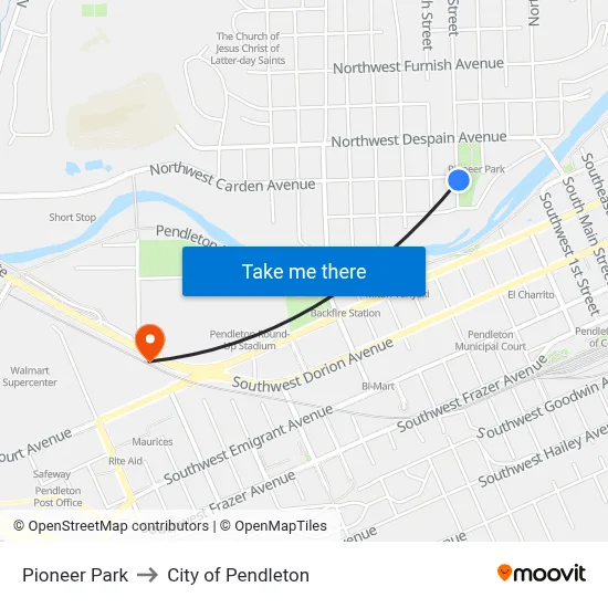 Pioneer Park to City of Pendleton map