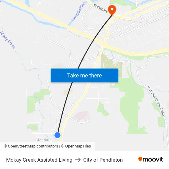 Mckay Creek Assisted Living to City of Pendleton map