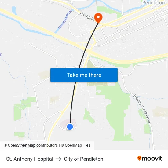 St. Anthony Hospital to City of Pendleton map