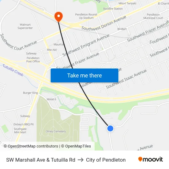 SW Marshall Ave & Tutuilla Rd to City of Pendleton map