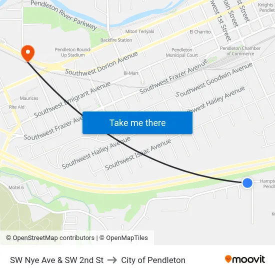 SW Nye Ave & SW 2nd St to City of Pendleton map