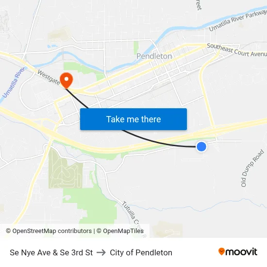 Se Nye Ave & Se 3rd St to City of Pendleton map