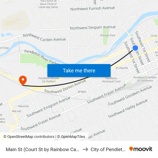 Main St (Court St by Rainbow Cafe) to City of Pendleton map