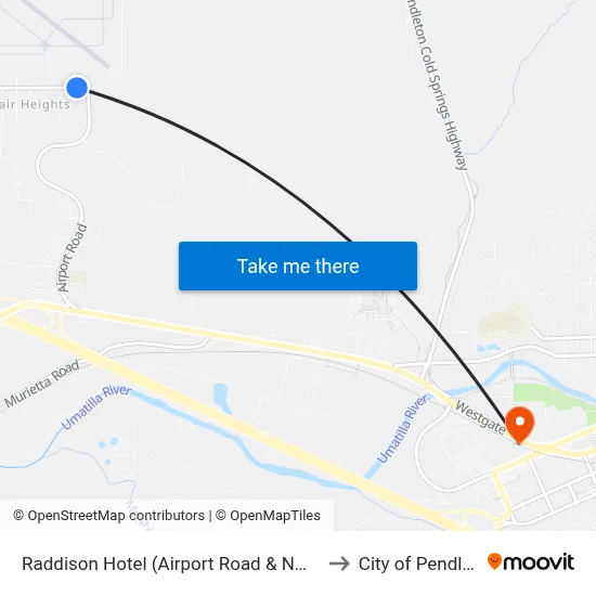 Raddison Hotel (Airport Road & NW C Ave) to City of Pendleton map
