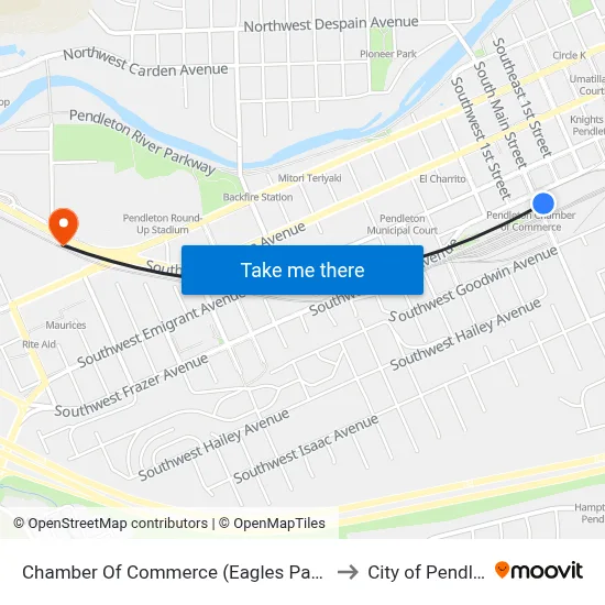 Chamber Of Commerce (Eagles Parking Lot) to City of Pendleton map