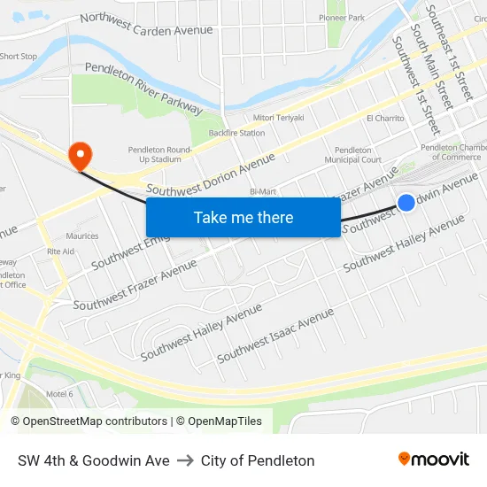 SW 4th & Goodwin Ave to City of Pendleton map