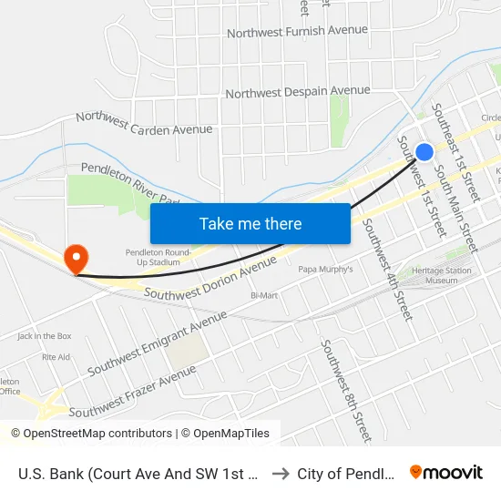 U.S. Bank (Court Ave And SW 1st Street) to City of Pendleton map