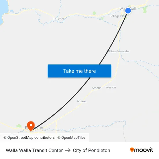 Walla Walla Transit Center to City of Pendleton map