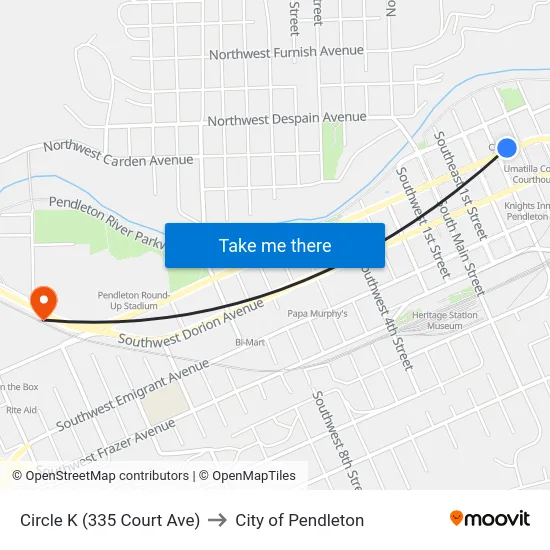 Circle K (335 Court Ave) to City of Pendleton map