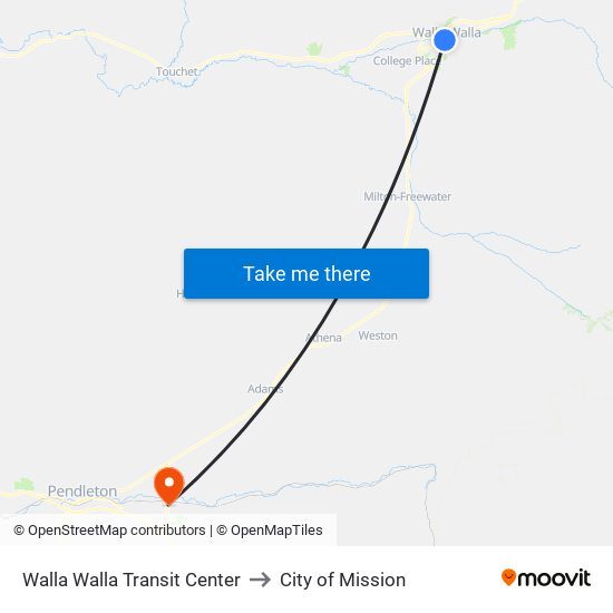 Walla Walla Transit Center to City of Mission map