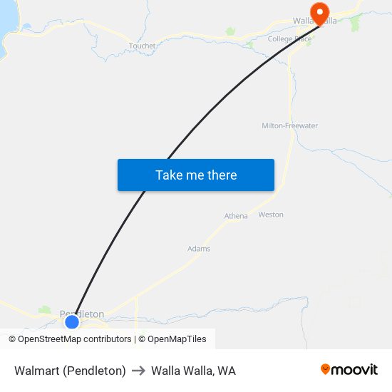 Walmart (Pendleton) to Walla Walla, WA map