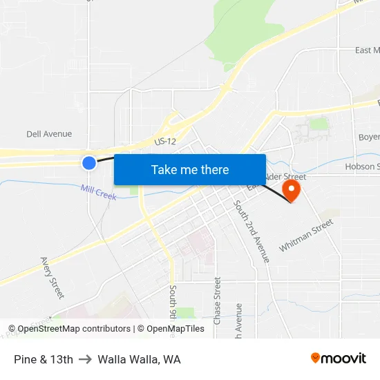 Pine & 13th to Walla Walla, WA map