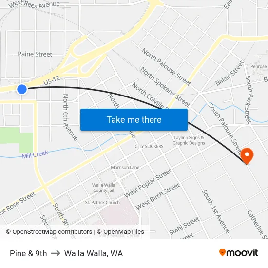 Pine & 9th to Walla Walla, WA map
