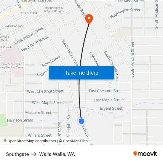 Southgate to Walla Walla, WA map