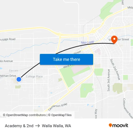 Academy & 2nd to Walla Walla, WA map