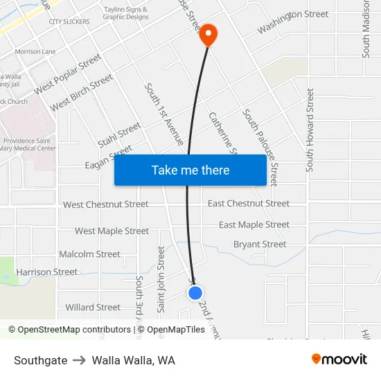 Southgate to Walla Walla, WA map