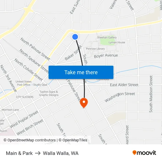 Main & Park to Walla Walla, WA map