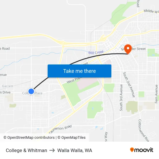 College &  Whitman to Walla Walla, WA map