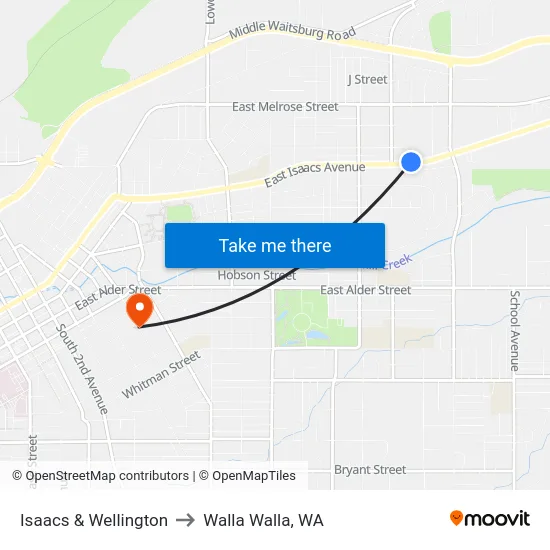 Isaacs & Wellington to Walla Walla, WA map