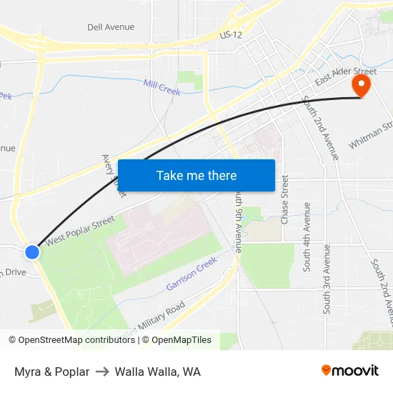 Myra & Poplar to Walla Walla, WA map