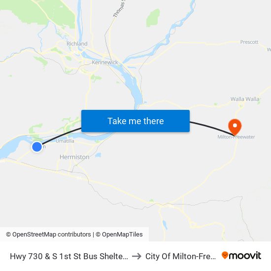 Hwy 730 & S 1st St Bus Shelter (Irrigon) to City Of Milton-Freewater map