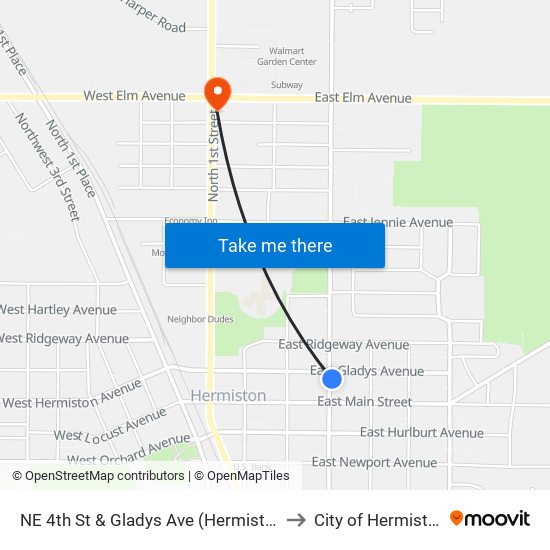 NE 4th St & Gladys Ave (Hermiston) to City of Hermiston map