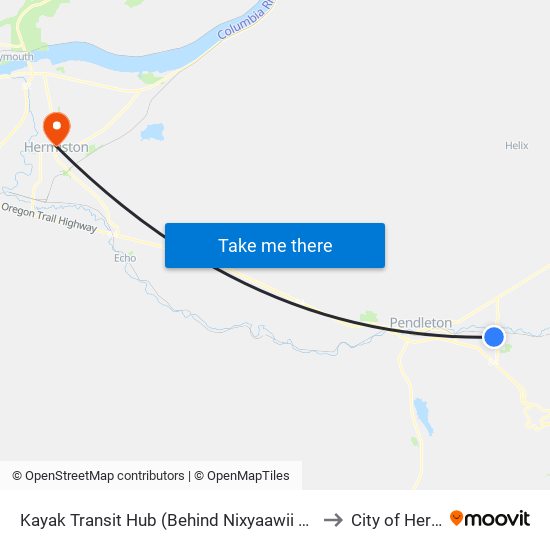 Kayak Transit Hub (Behind Nixyaawii Governance Center ) to City of Hermiston map