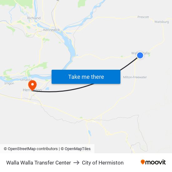 Walla Walla Transfer Center to City of Hermiston map