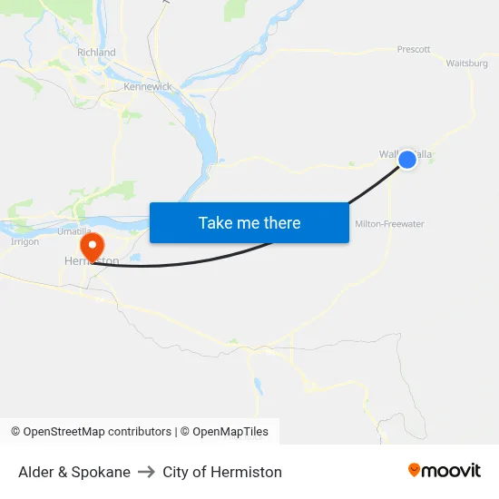 Alder & Spokane to City of Hermiston map