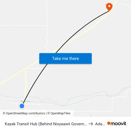 Kayak Transit Hub (Behind Nixyaawii Governance Center ) to Adams map