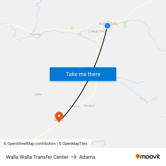 Walla Walla Transfer Center to Adams map