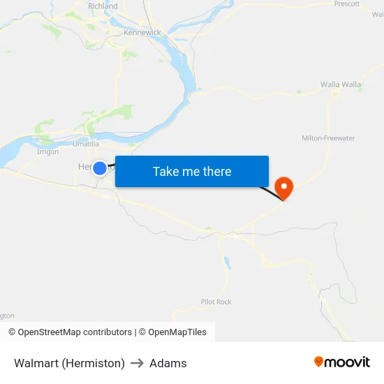 Walmart (Hermiston) to Adams map
