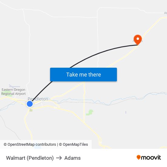 Walmart (Pendleton) to Adams map