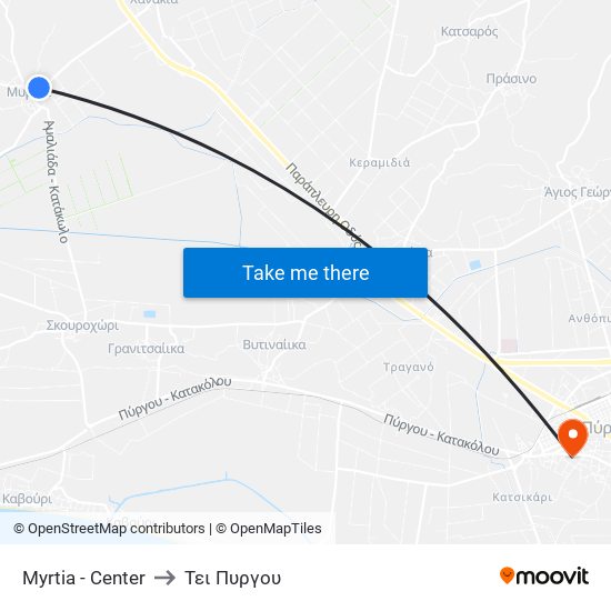 Myrtia - Center to Τει Πυργου map