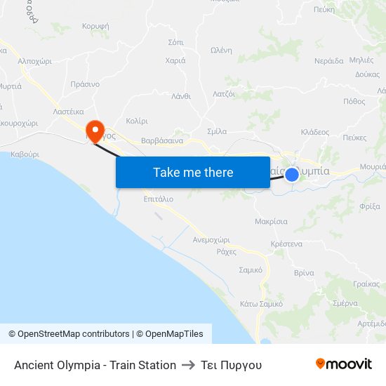 Ancient Olympia - Train Station to Τει Πυργου map