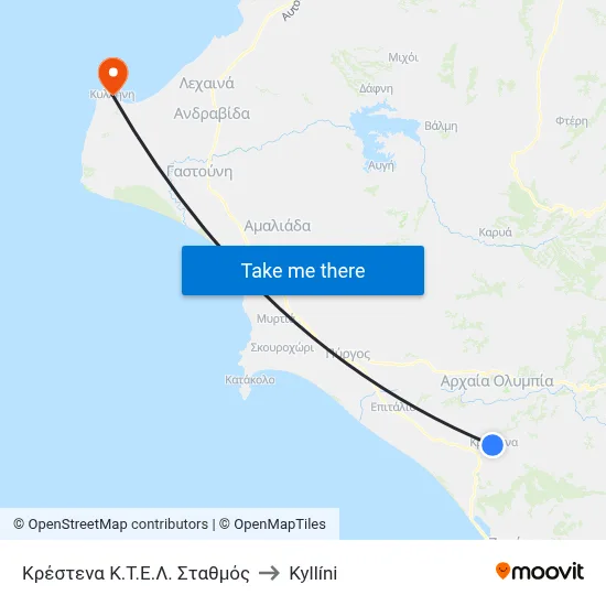 Krestena KTEL Station to Kyllini map