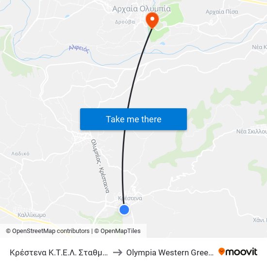 Κρέστενα Κ.Τ.Ε.Λ. Σταθμός to Olympia Western Greece map