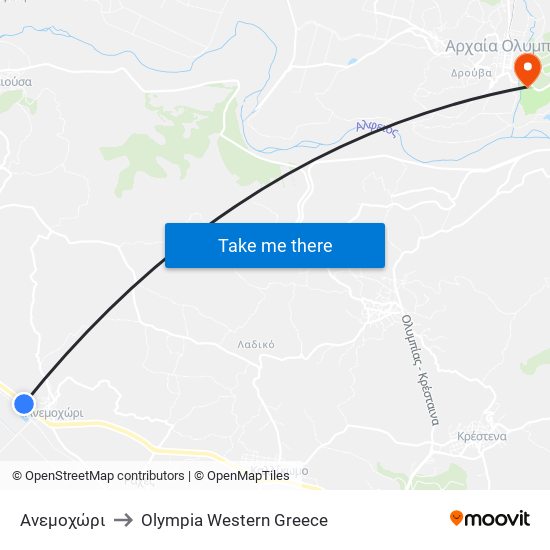 Ανεμοχώρι to Olympia Western Greece map