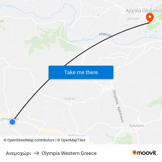 Ανεμοχώρι to Olympia Western Greece map