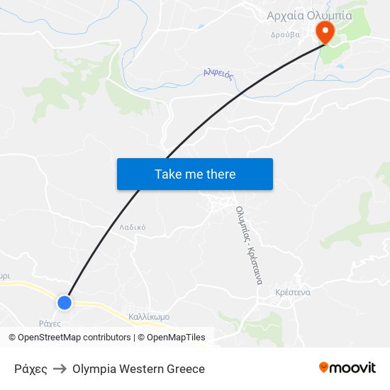 Ράχες to Olympia Western Greece map